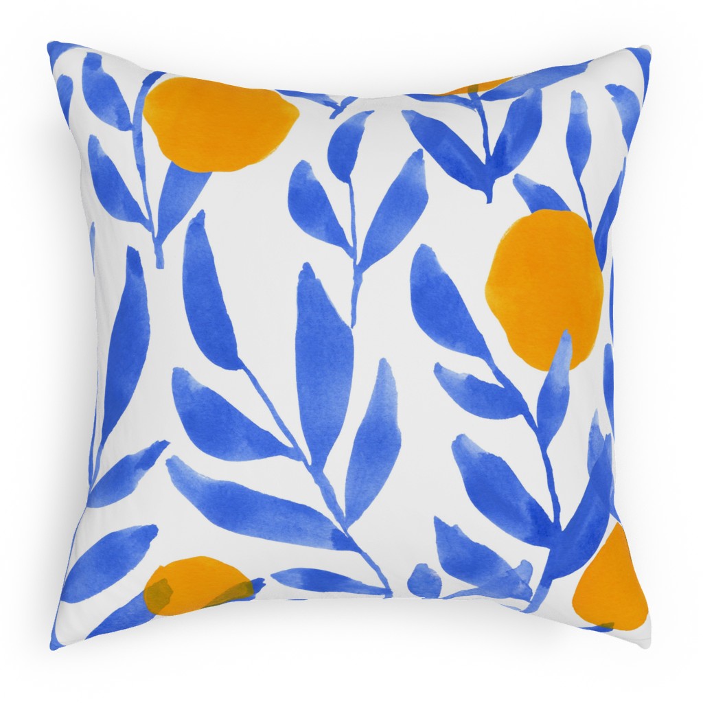 Modern Lemons Block - Blue and Orange Outdoor Pillow, 18x18, Single Sided, Blue
