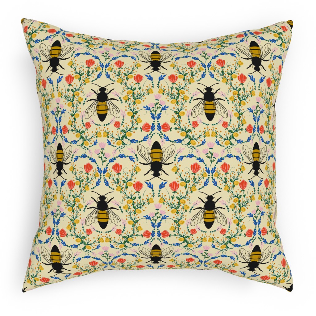 Bee Garden - Multi on Cream Outdoor Pillow, 18x18, Single Sided, Yellow