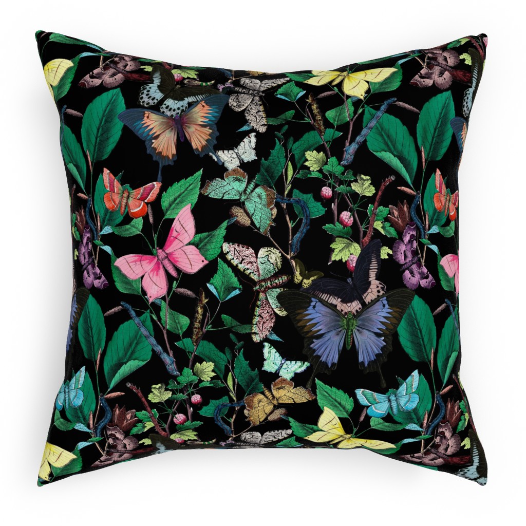 Butterfly Sanctuary - Multi on Black Outdoor Pillow, 18x18, Single Sided, Multicolor