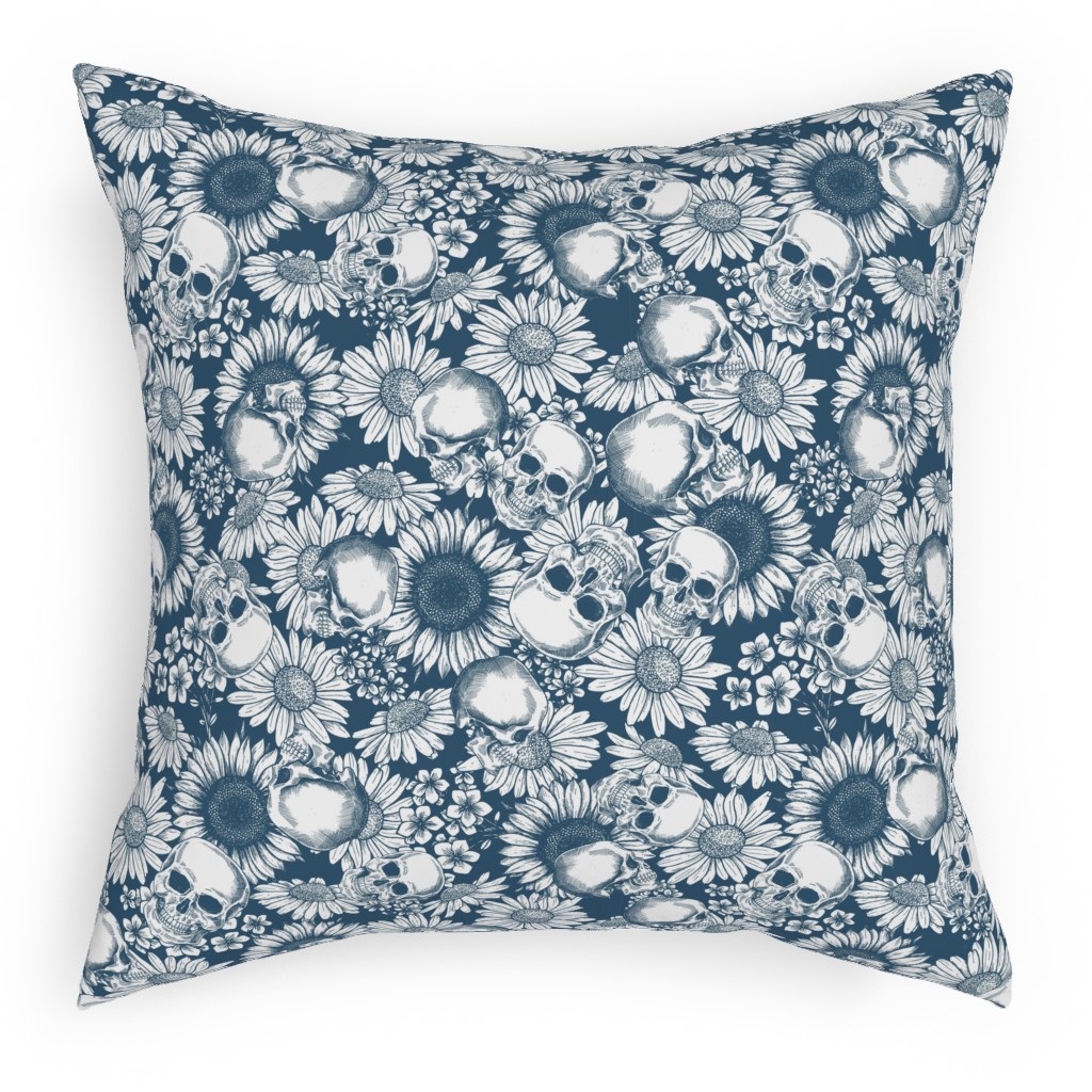 Floral Skull - Blue Outdoor Pillow, 18x18, Single Sided, Blue