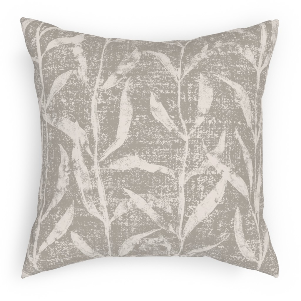 Grass Cloth With Leaves - Gray and Cream Outdoor Pillow, 18x18, Single Sided, Beige