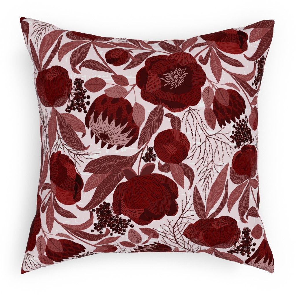 Peony and King Protea - Burgundy Outdoor Pillow, 18x18, Single Sided, Red