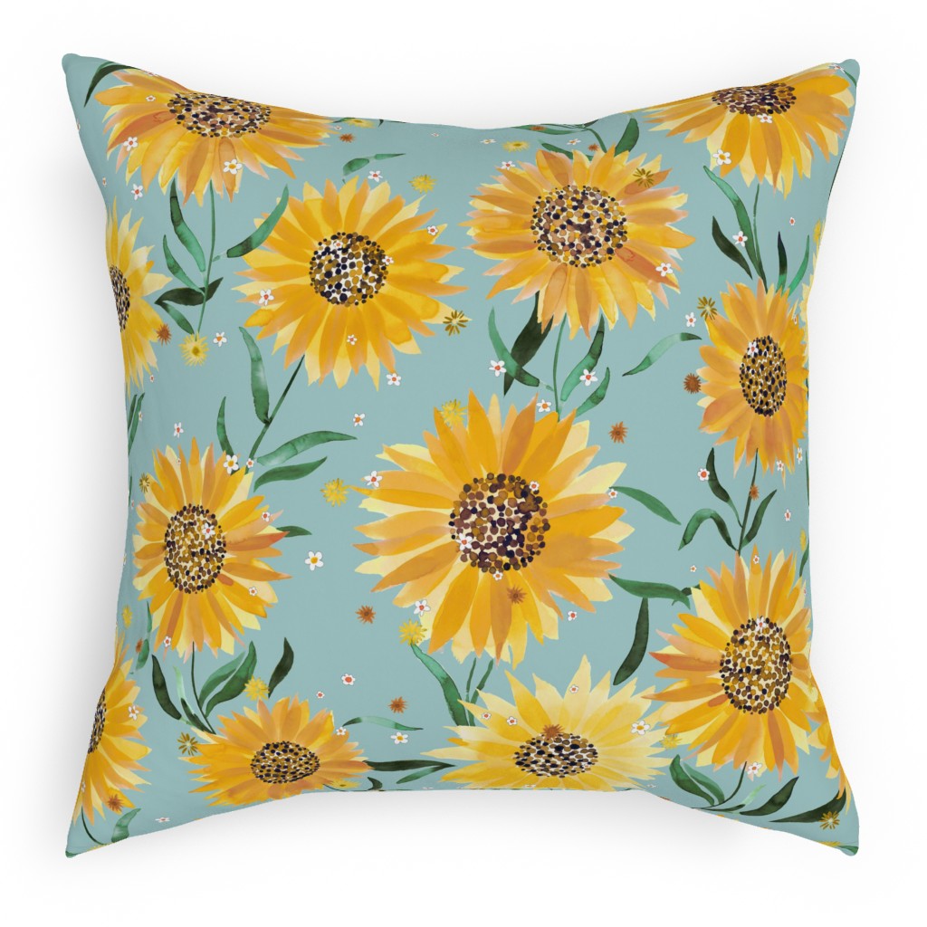 Watercolor Sunflowers - Yellow on Blue Outdoor Pillow, 18x18, Double Sided, Yellow