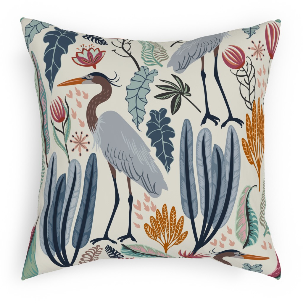 Heron and Plants - Multi Outdoor Pillow, 18x18, Double Sided, Multicolor