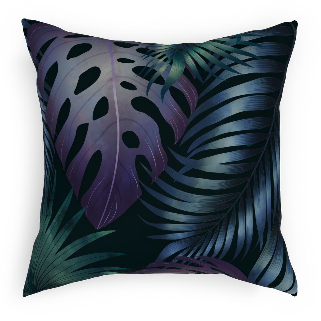 Tropical Leaves in the Moonlight - Dark Outdoor Pillow, 18x18, Double Sided, Blue