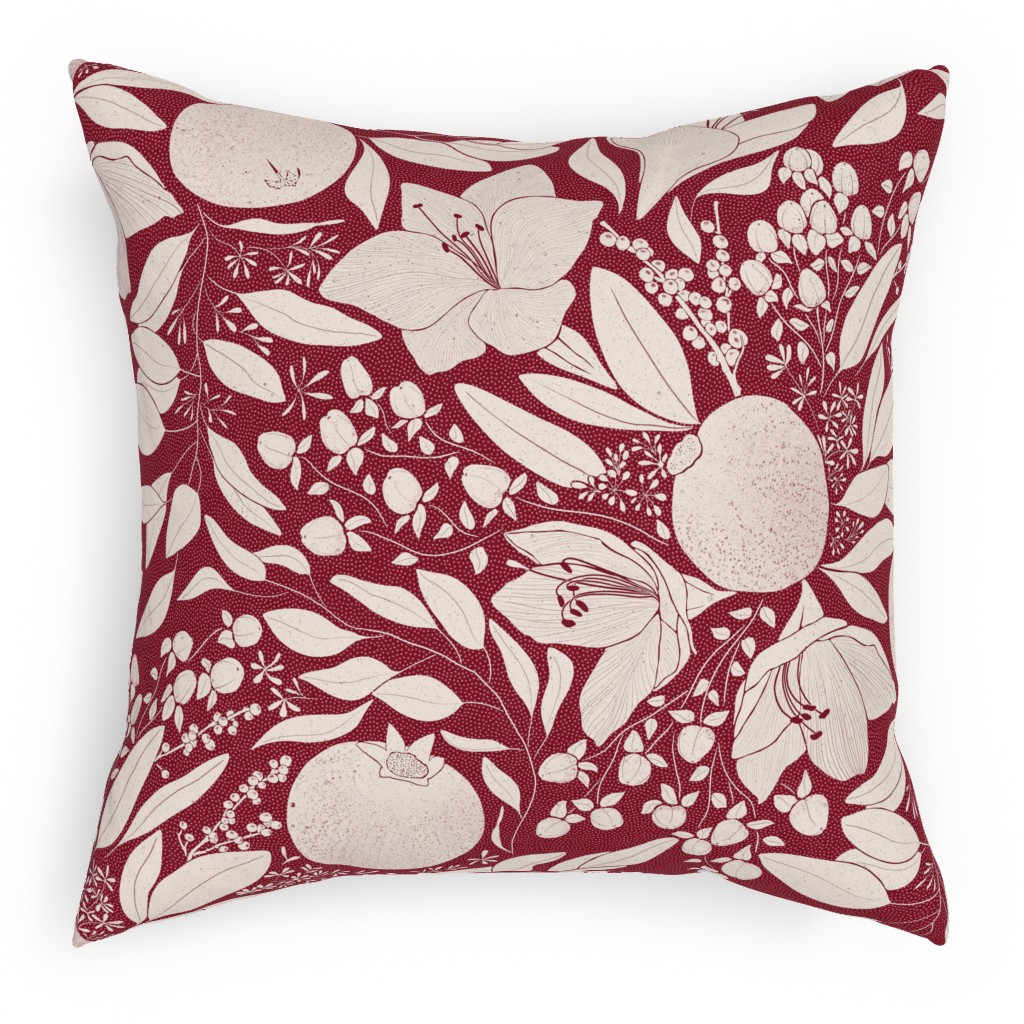 Winter Florals - Burgundy Outdoor Pillow, 18x18, Double Sided, Red