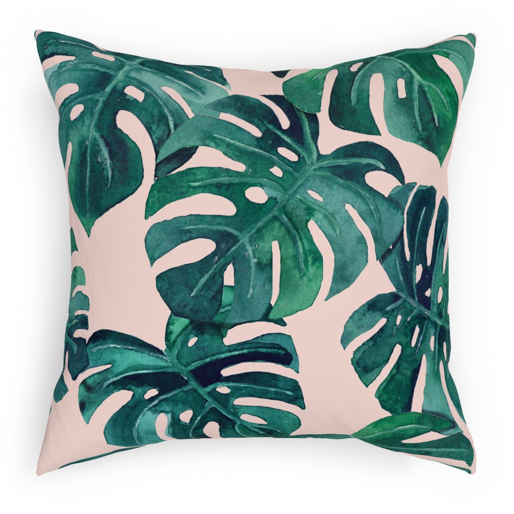 Watercolor Monstera Leaves - Green on Blush Pink Outdoor Pillow, 18x18, Double Sided, Green