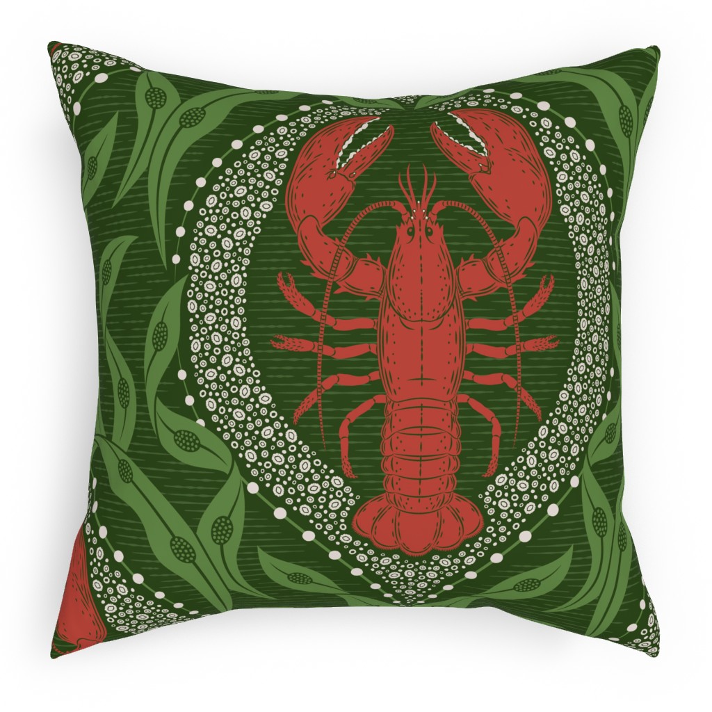 Lobster and Seaweed Nautical Damask Outdoor Pillow, 18x18, Double Sided, Green