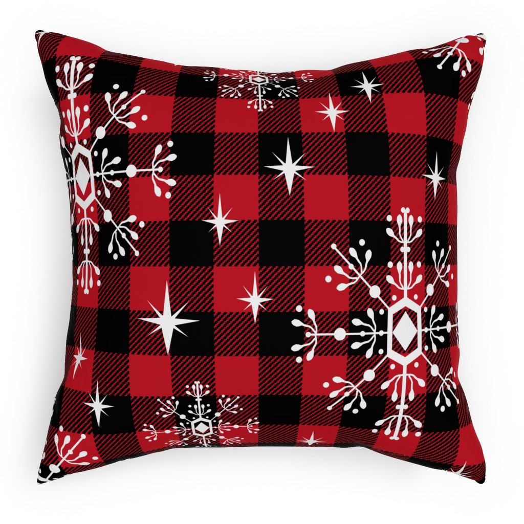 Buffalo Plaid Snowflakes Outdoor Pillow, 18x18, Double Sided, Red