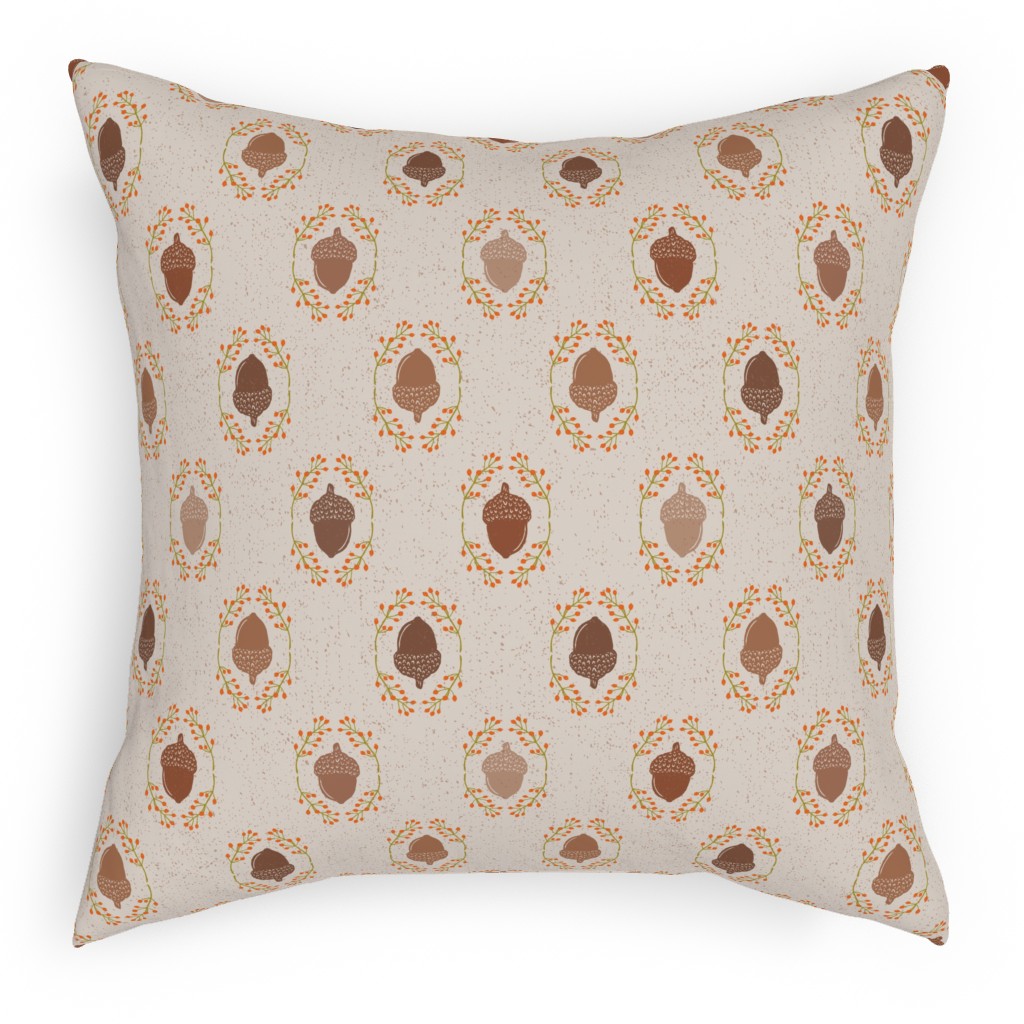 Autumn Acorn Rosehip Textured Damask Outdoor Pillow, 18x18, Double Sided, Beige