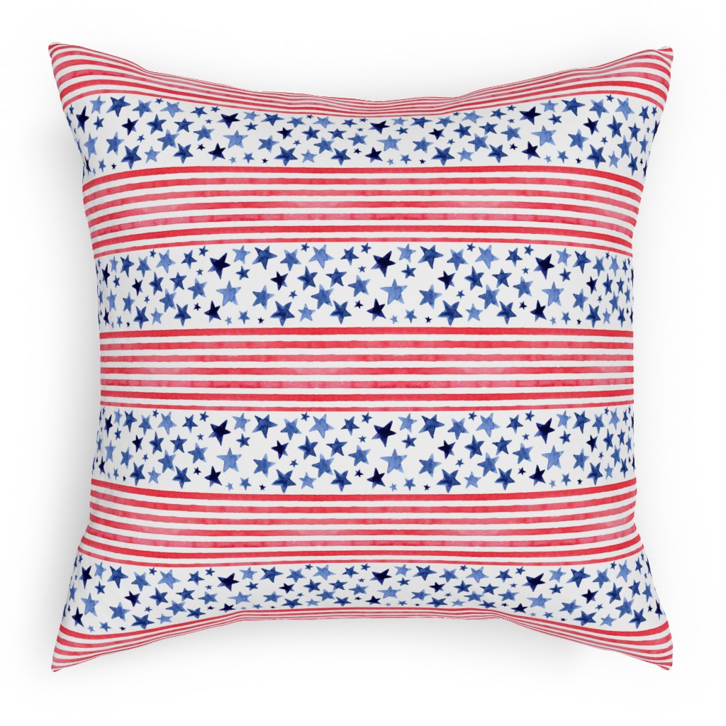 Watercolor Stars and Stripes - Red White and Blue Outdoor Pillow, 18x18, Double Sided, Red