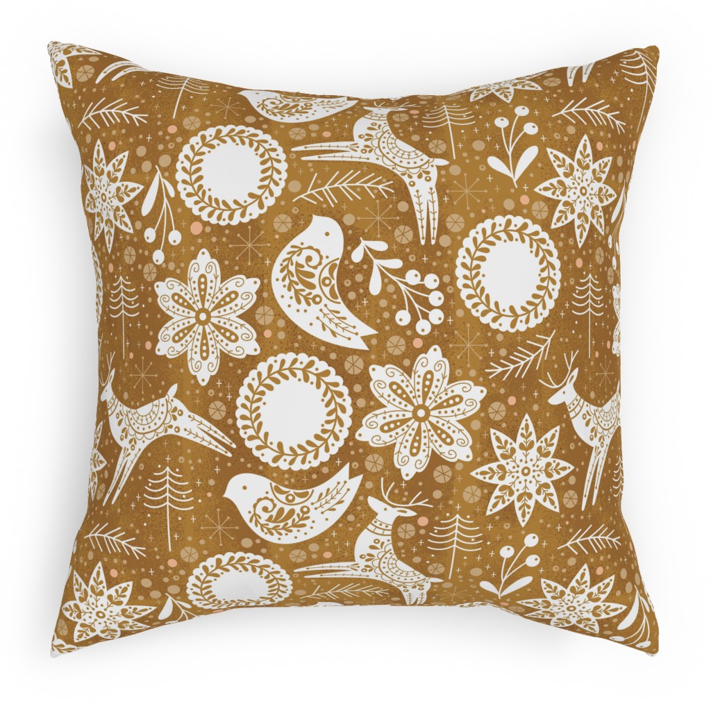 Gingerbread Forest - Brown & White Outdoor Pillow, 18x18, Double Sided, Brown