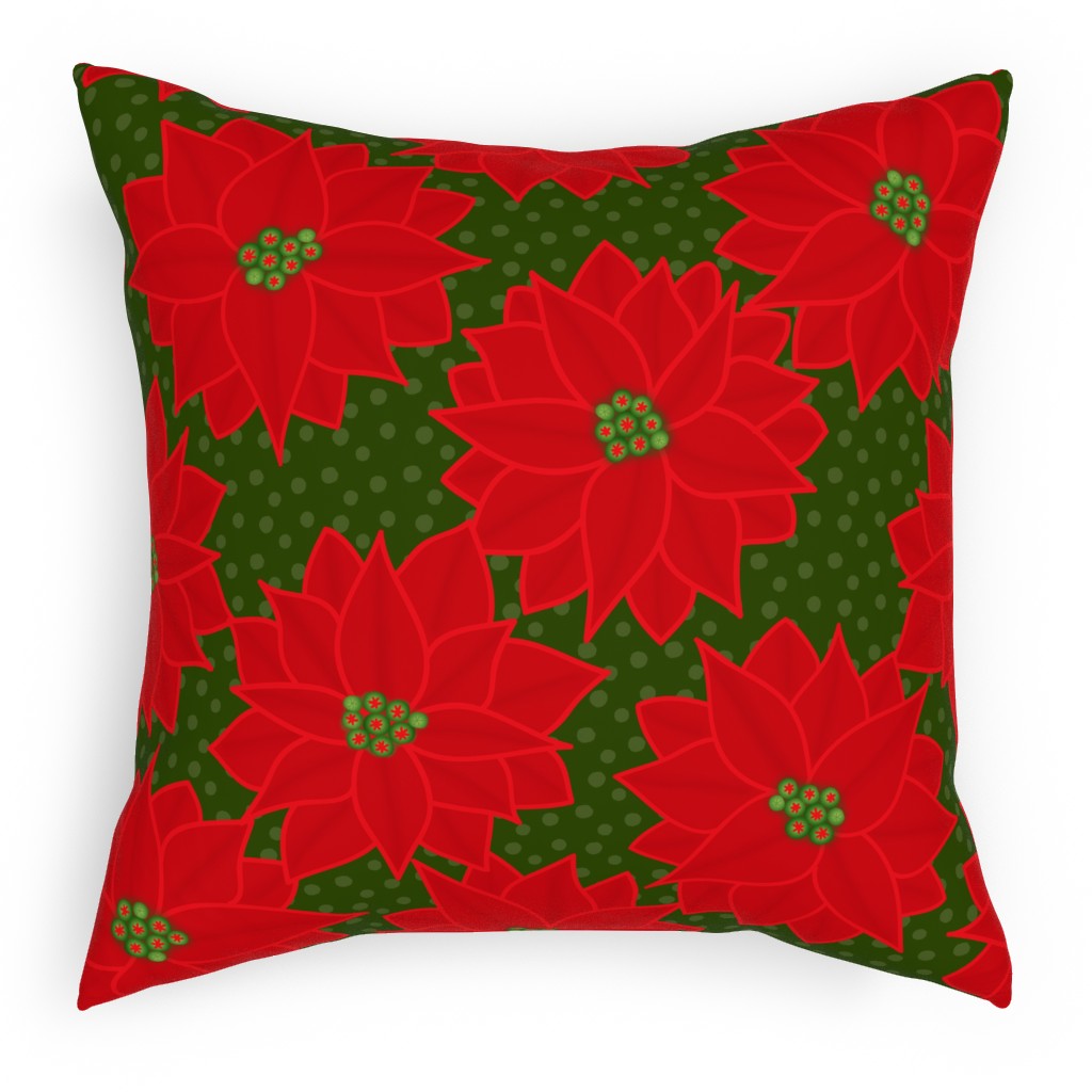 Christmas Poinsettia on Green Outdoor Pillow, 18x18, Double Sided, Red