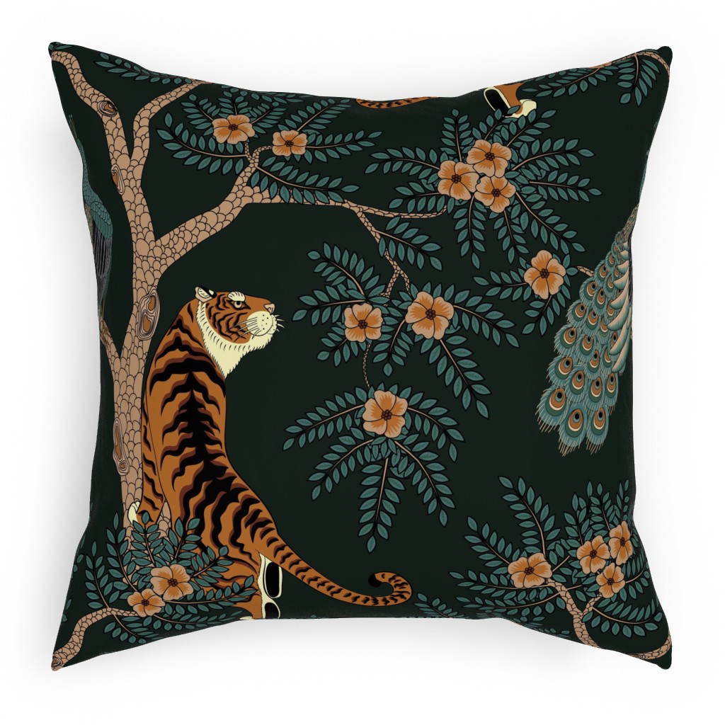 Tiger and Peacock on Black Outdoor Pillow, 18x18, Double Sided, Black