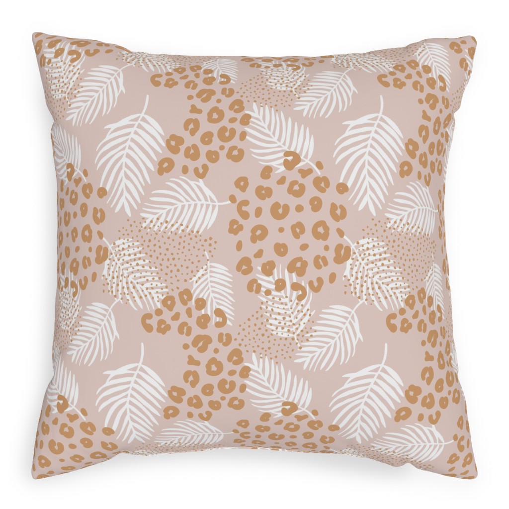 Palm Leaves and Animal Panther Spots - Beige Outdoor Pillow, 20x20, Single Sided, Pink