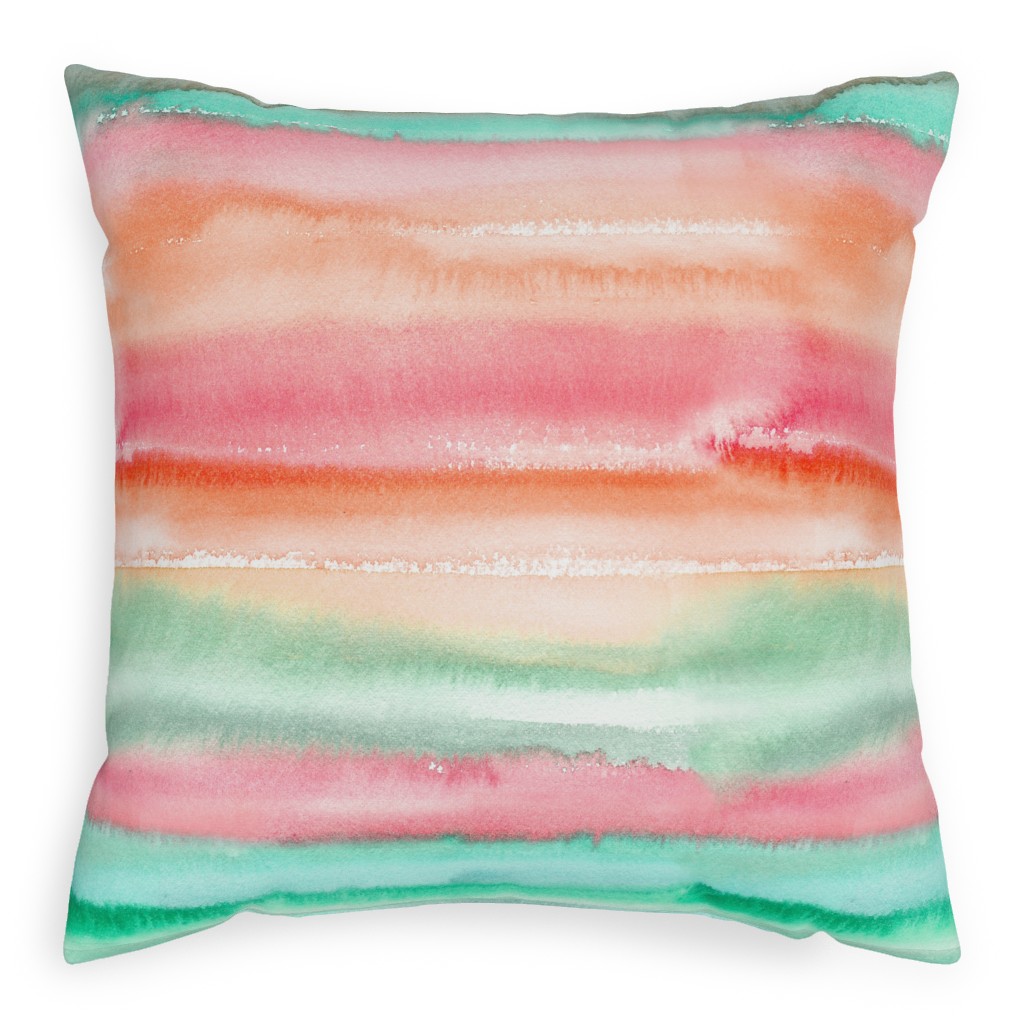 Ombre Watercolor Sunset - Green & Pink Outdoor Pillow, 20x20, Single Sided, Multicolor