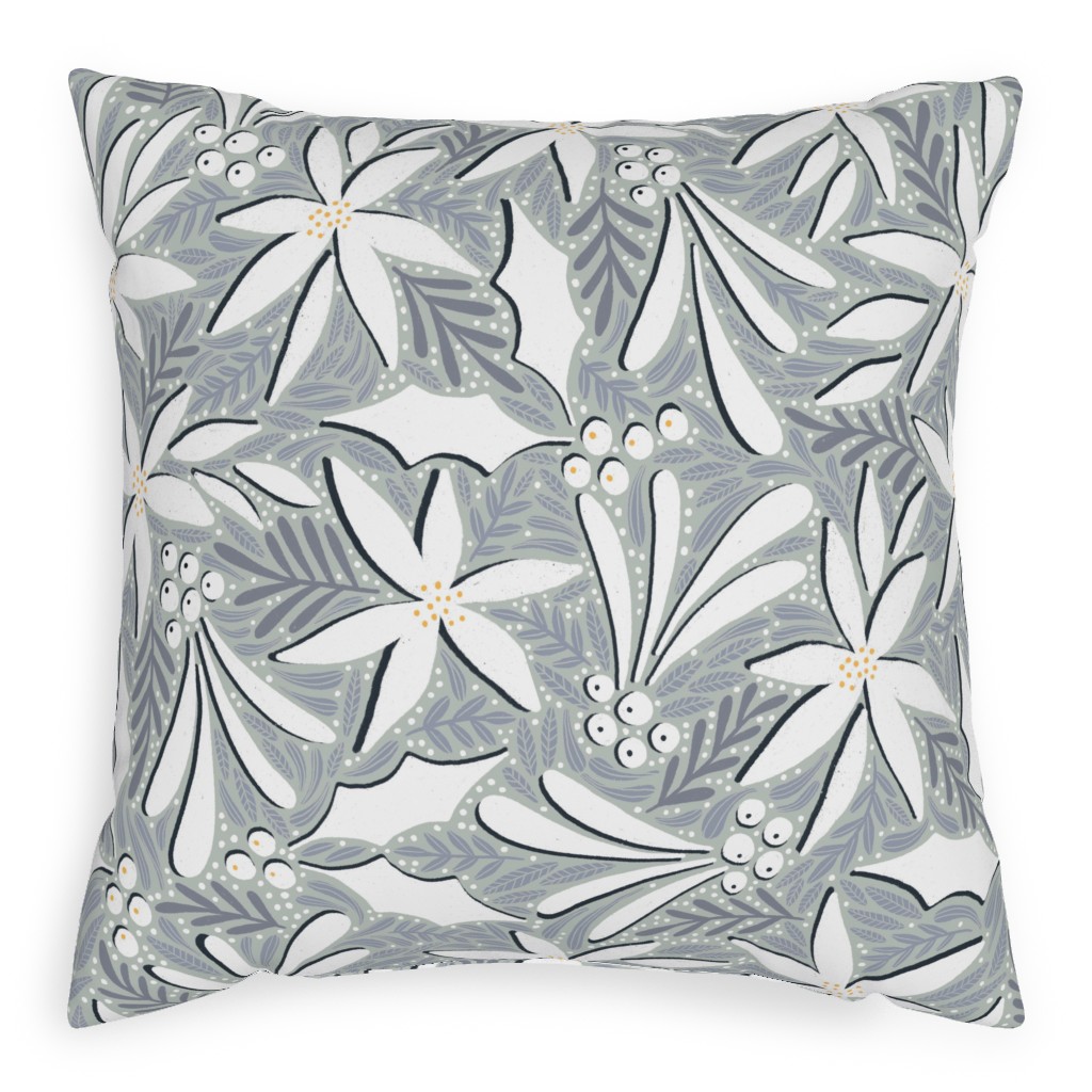 Poinsettia, Holly, & Mistletoe - White & Grey Outdoor Pillow, 20x20, Single Sided, Gray