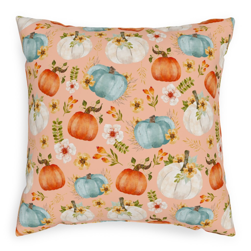 Rustic Farmhouse Pumpkins on Pale Peach Outdoor Pillow, 20x20, Single Sided, Orange