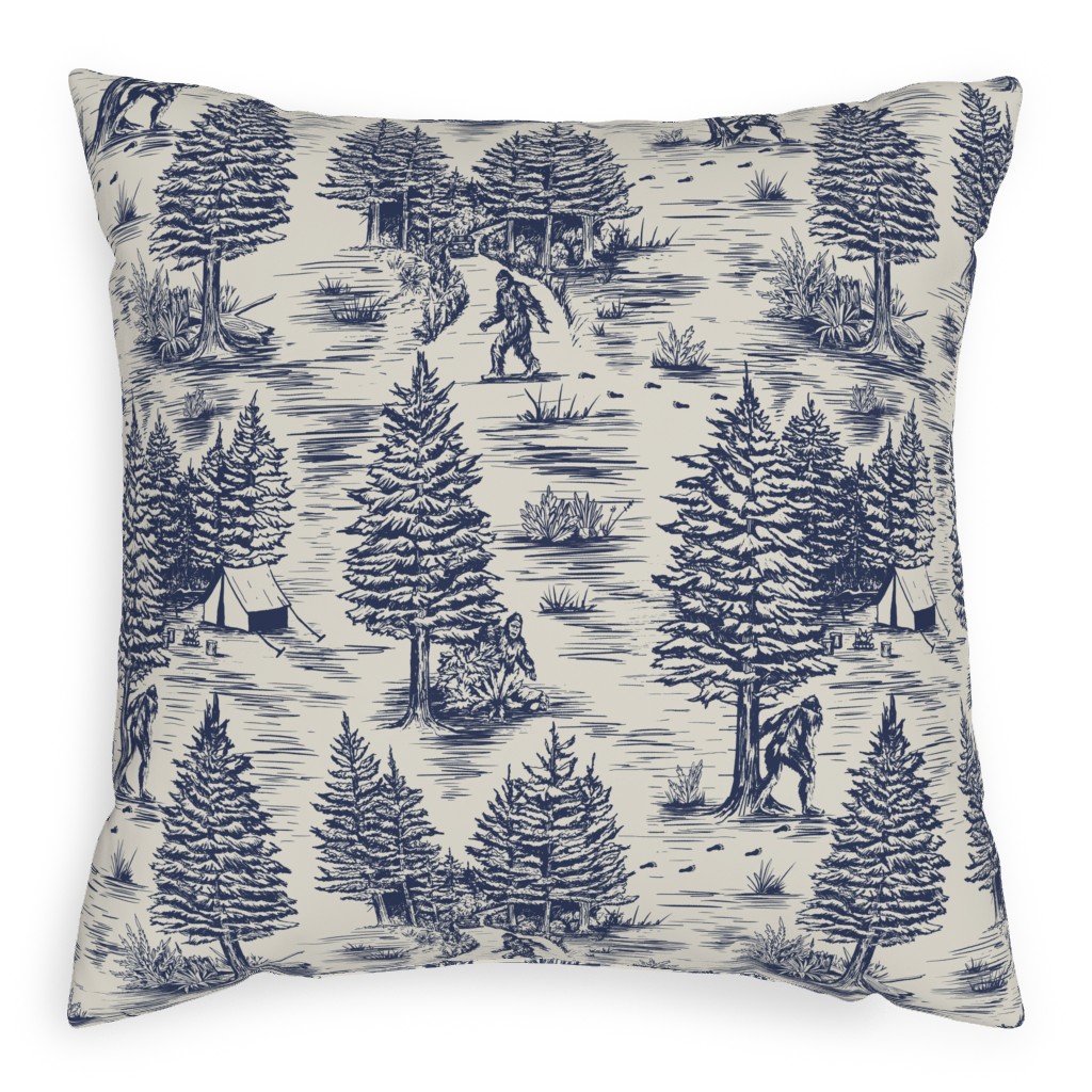 Bigfoot Toile De Jouy - Blue Outdoor Pillow, 20x20, Single Sided, Blue