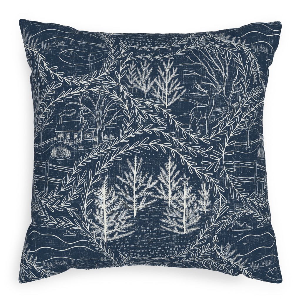 Winter Holiday Toile - Navy Outdoor Pillow, 20x20, Single Sided, Blue