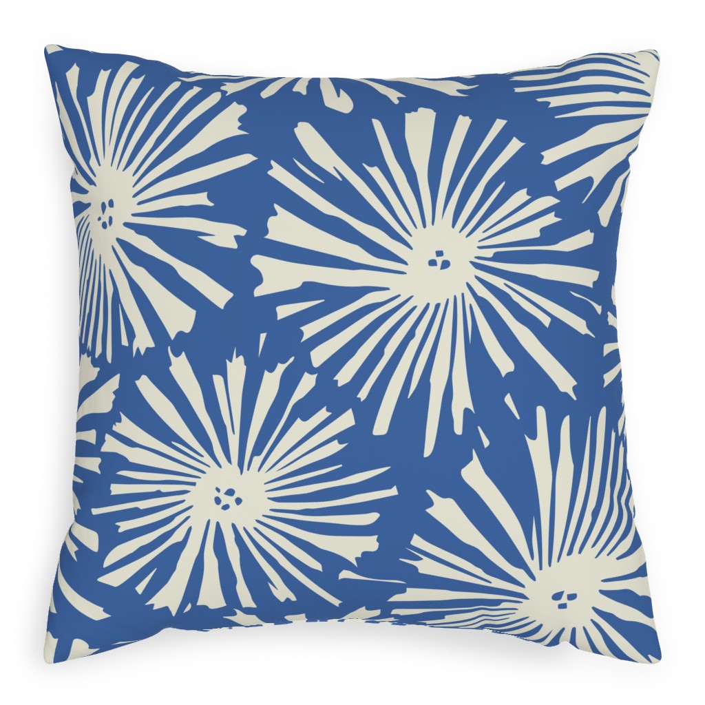 Cactus Blooms - Cream on Blue Outdoor Pillow, 20x20, Single Sided, Blue