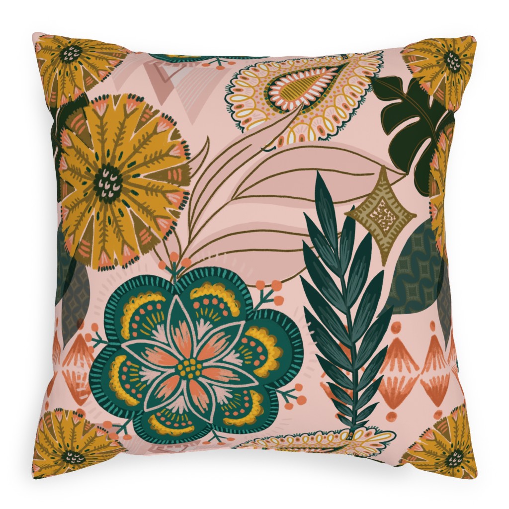Boho Tropical - Floral - Pink Outdoor Pillow, 20x20, Single Sided, Multicolor