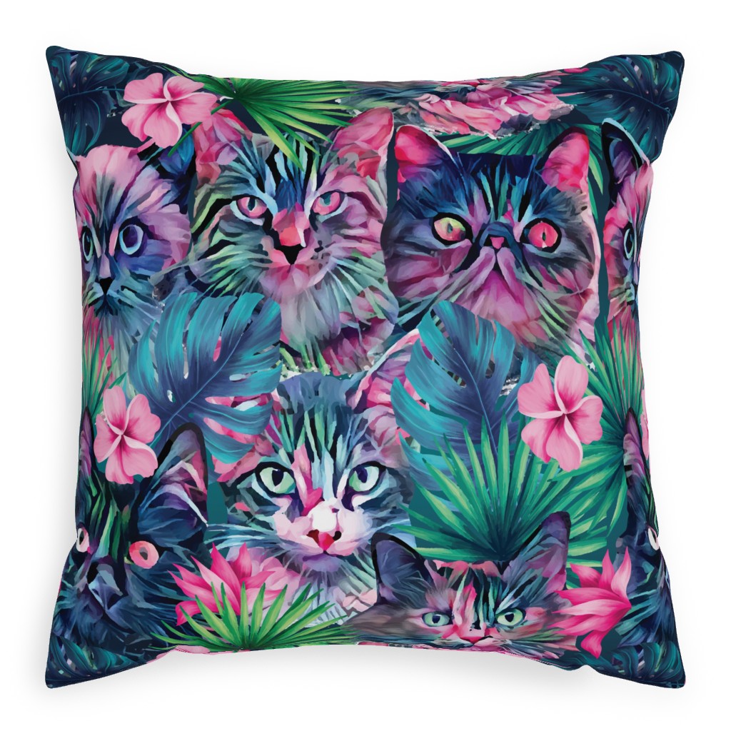 Cats and Summer Floral - Multi Outdoor Pillow, 20x20, Single Sided, Multicolor