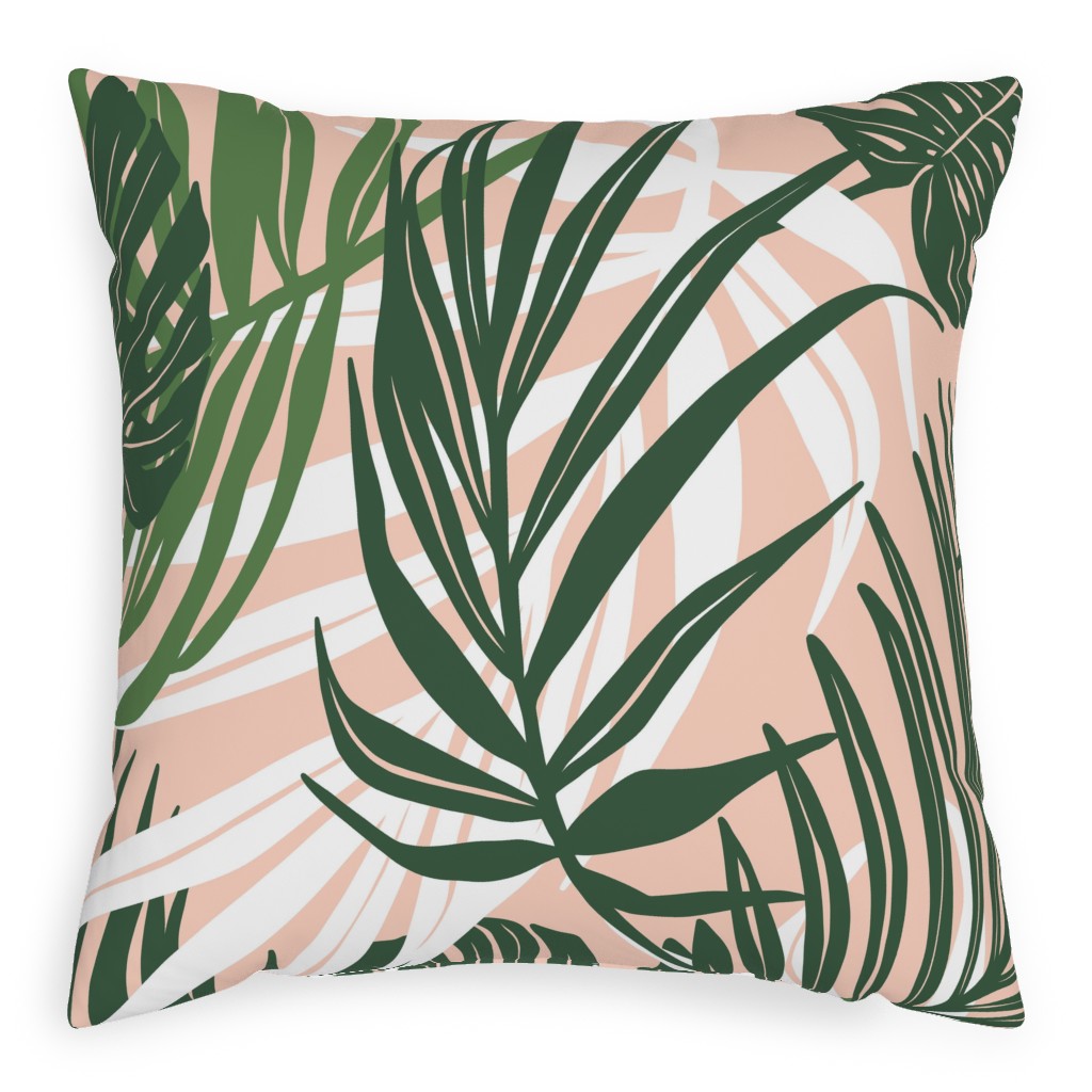 Hideaway Tropical Palm Leaves - Blush Pink Outdoor Pillow, 20x20, Single Sided, Green