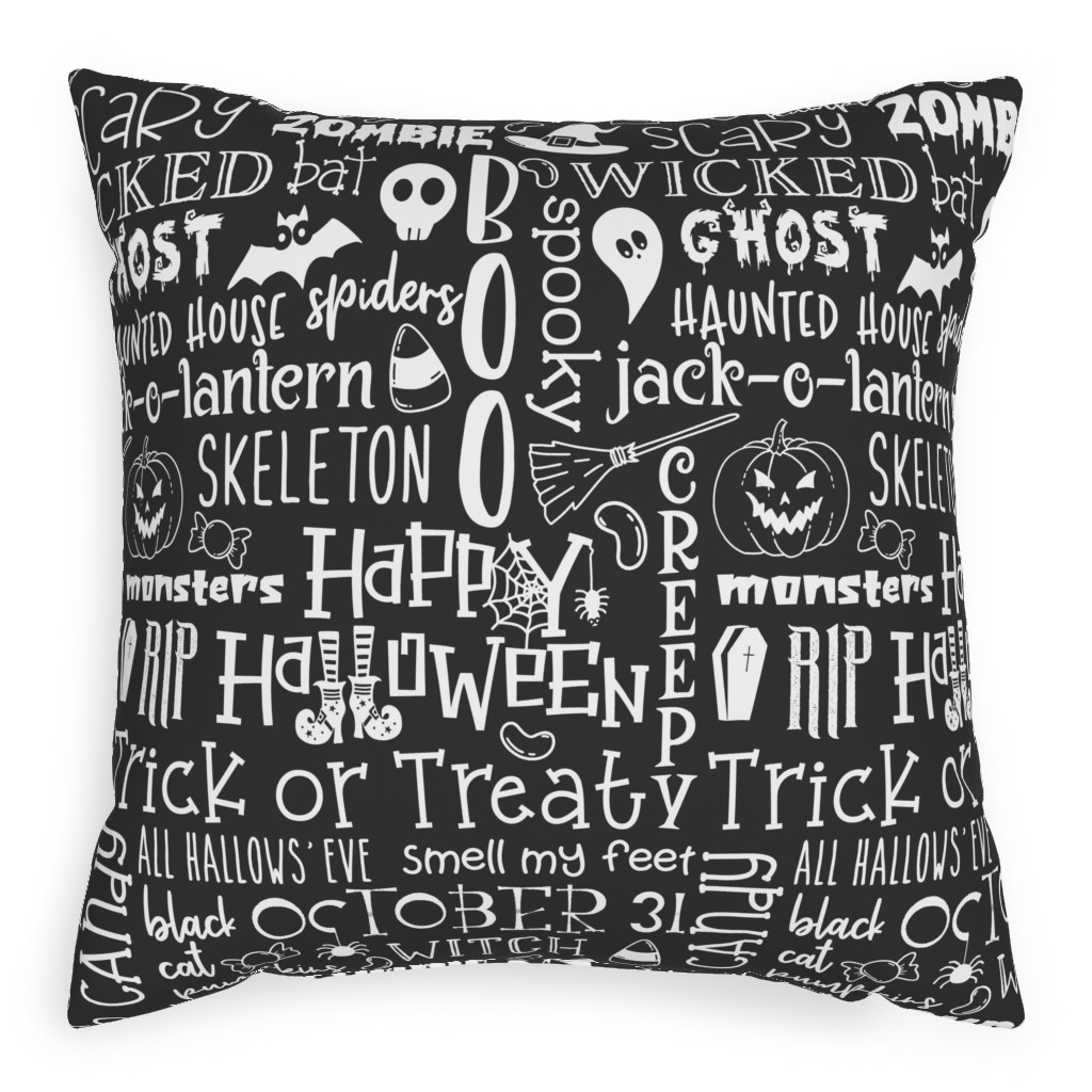 Halloween Typography - White on Dark Grey Outdoor Pillow, 20x20, Double Sided, Black