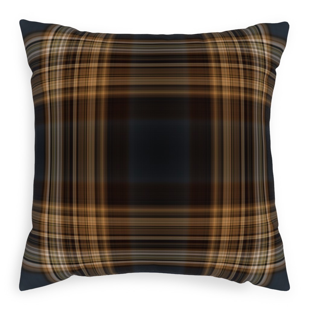 Fine Line Plaid - Dark Blue and Brown Outdoor Pillow, 20x20, Double Sided, Brown