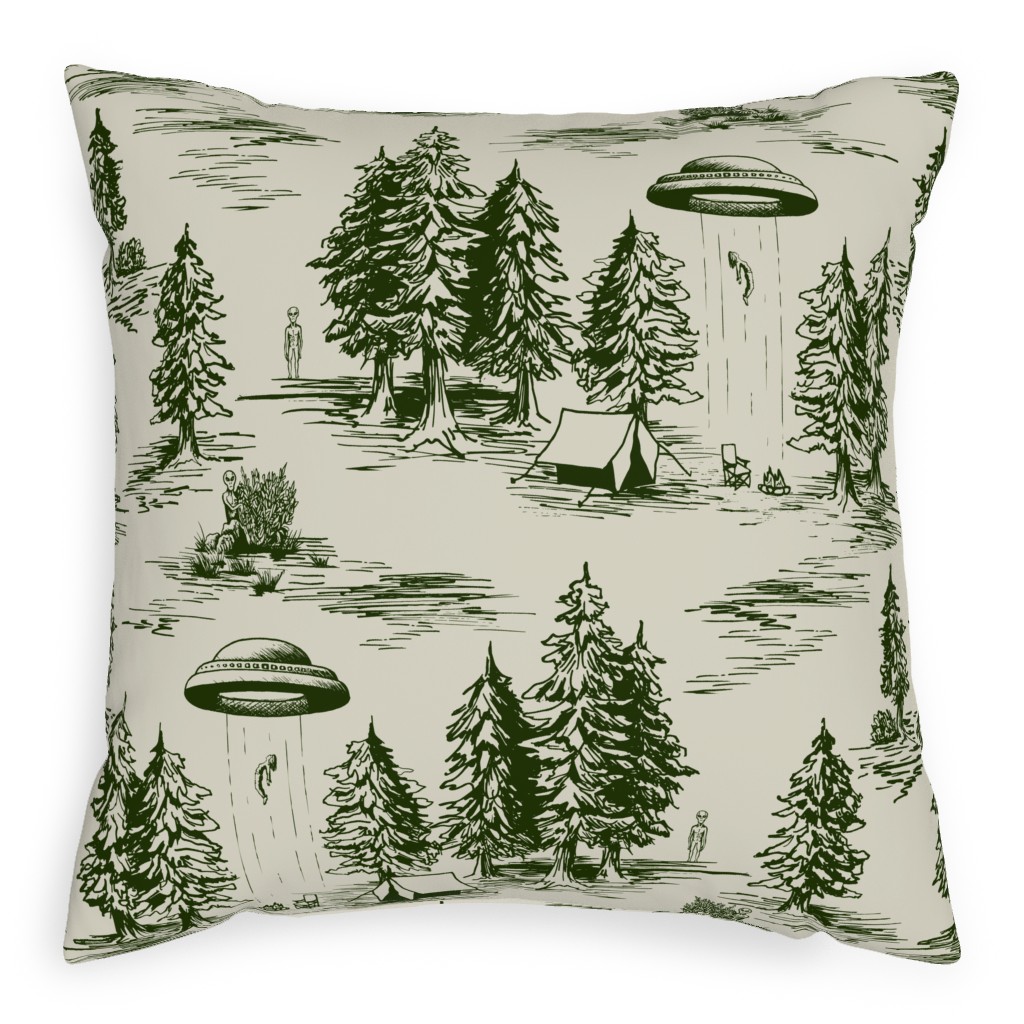 Alien Abduction - Forest Green and Cream Outdoor Pillow, 20x20, Double Sided, Green
