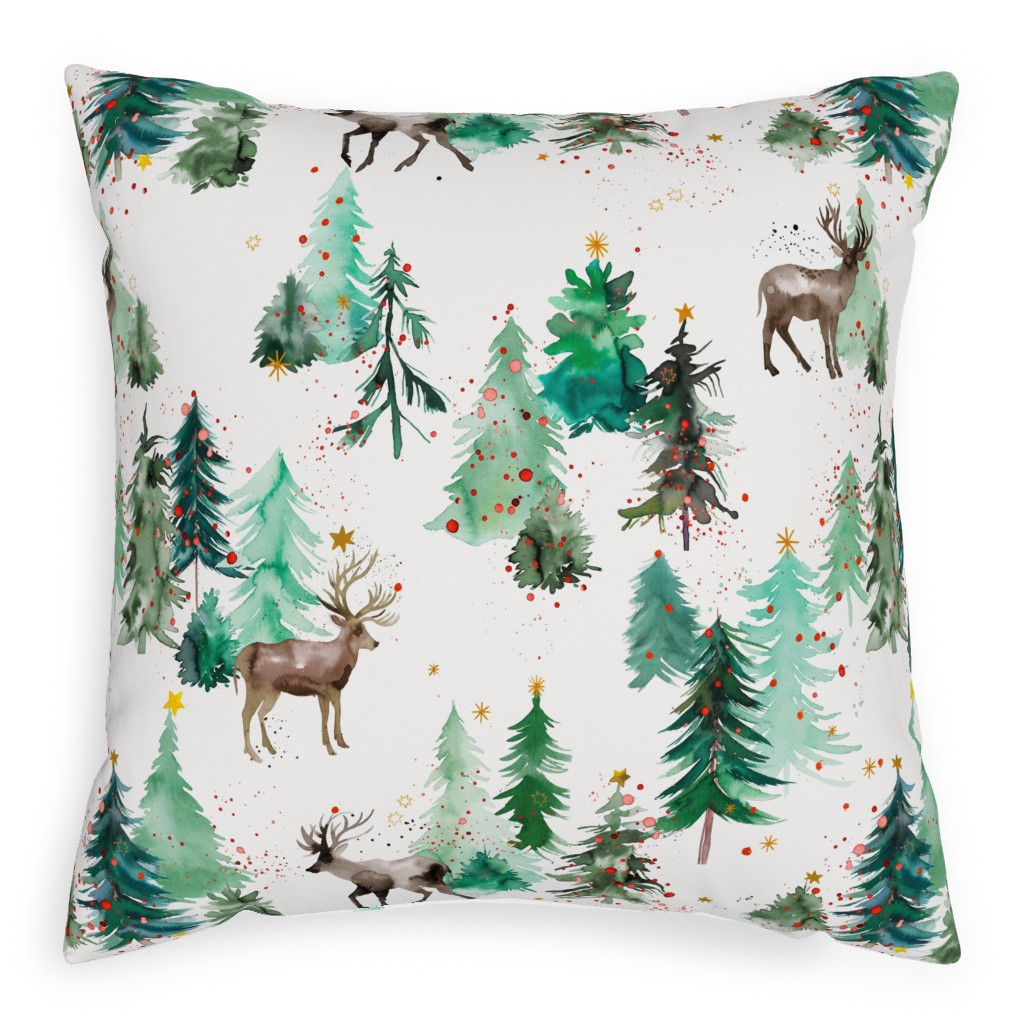 Rudolph Deer & Christmas Trees Outdoor Pillow, 20x20, Double Sided, Green