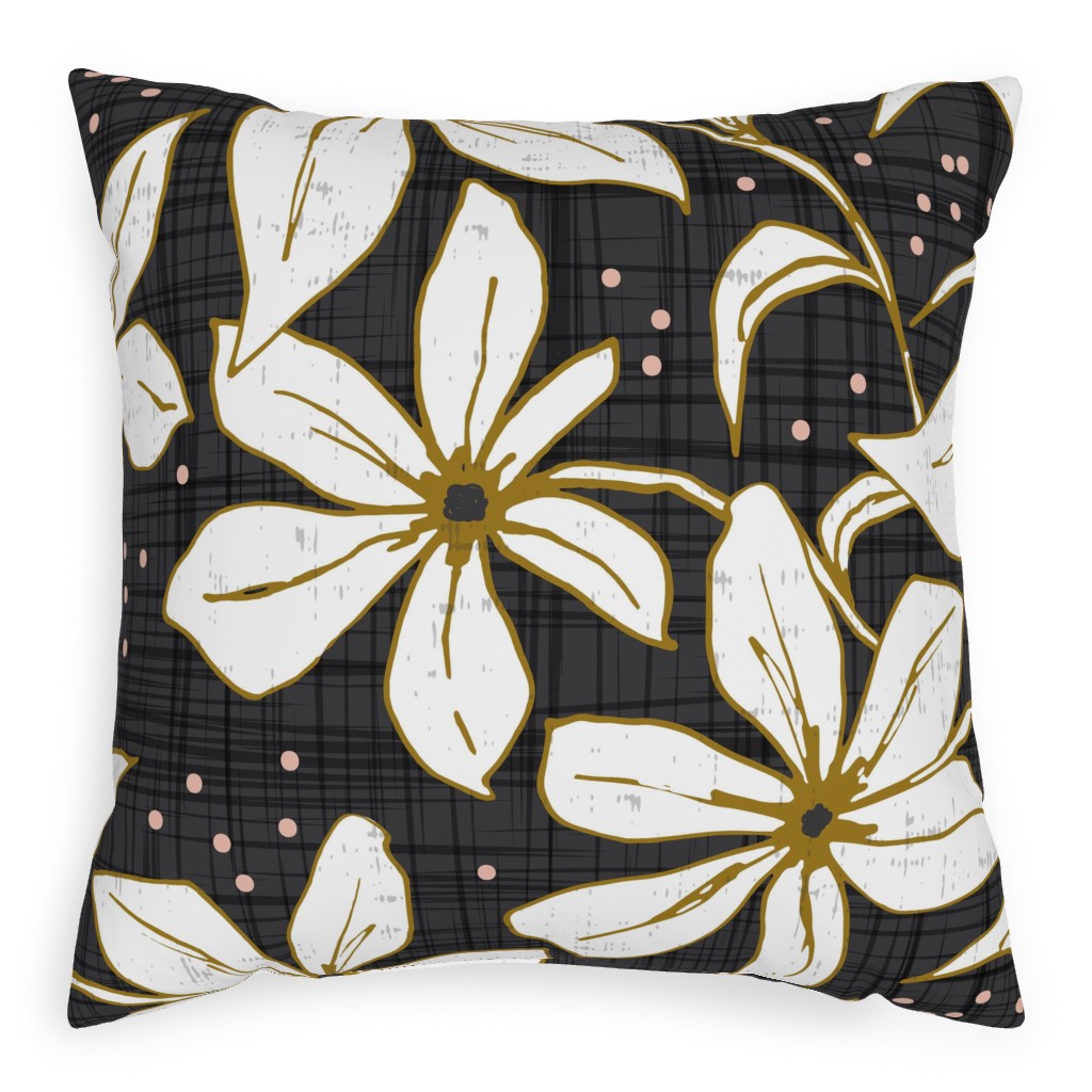 Lilium - Floral - Charcoal Black & White Outdoor Pillow, 20x20, Double Sided, Black