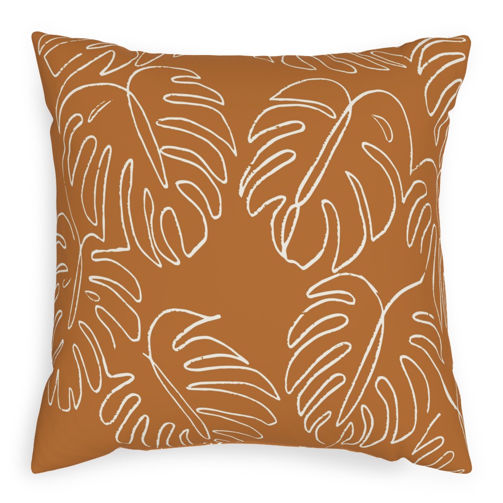 Monstera Line Art - Burnt Orange Outdoor Pillow, 20x20, Double Sided, Orange