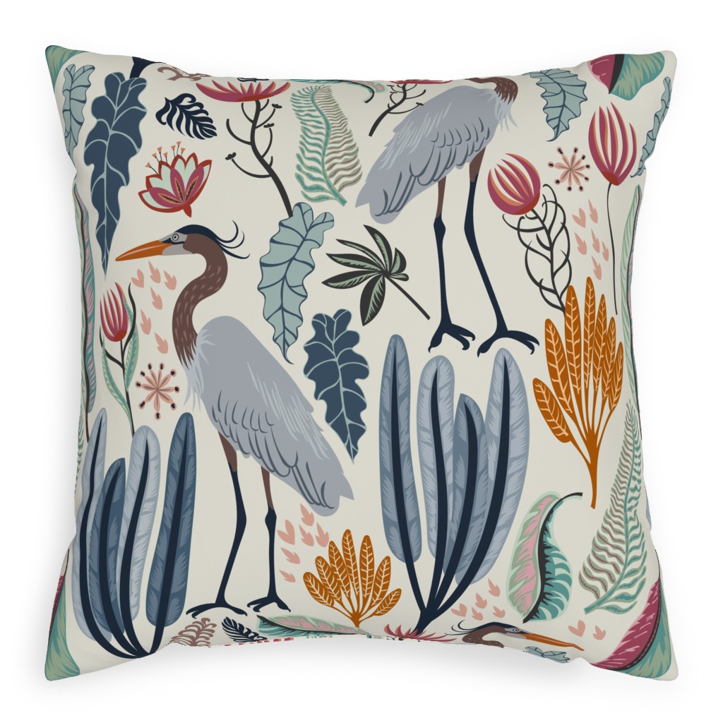 Heron and Plants - Multi Outdoor Pillow, 20x20, Double Sided, Multicolor