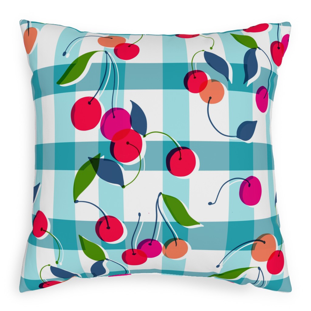 Gingham Cherry - Blue Outdoor Pillow, 20x20, Double Sided, Blue