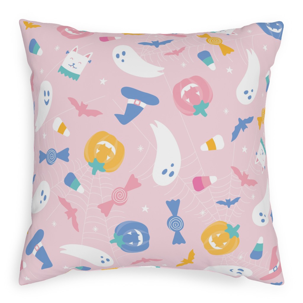 Happy Ghosts and Candy Corn - Pastel Outdoor Pillow, 20x20, Double Sided, Pink