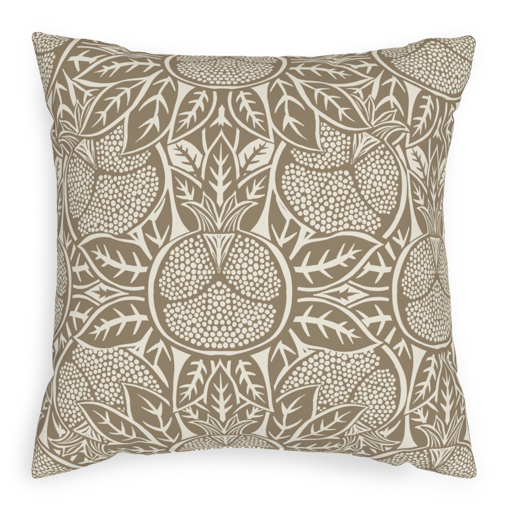 Pomegranate Block Print - Neutral Outdoor Pillow, 20x20, Double Sided, Brown
