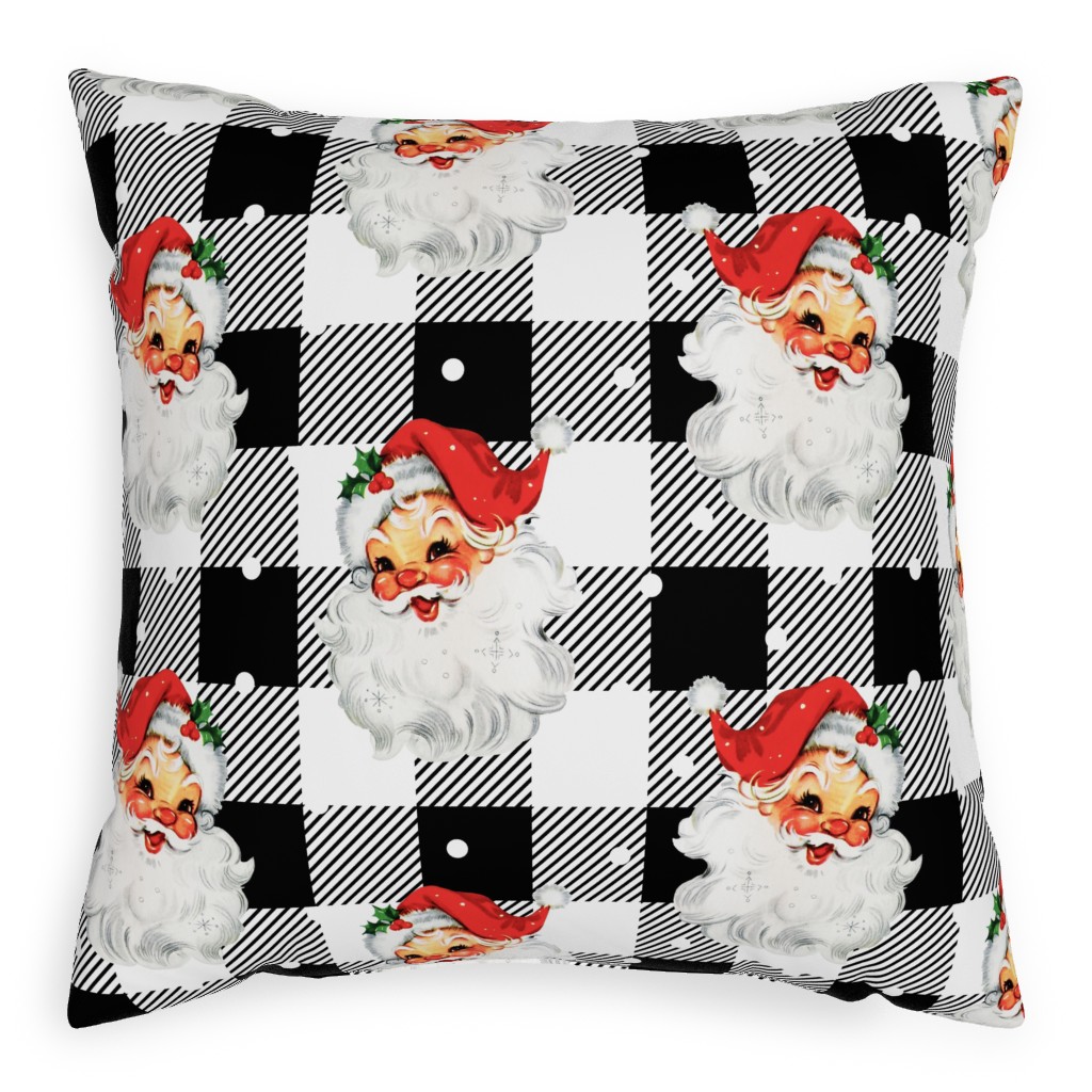 Jolly Retro Santa and Plaid - Black and White Outdoor Pillow, 20x20, Double Sided, Multicolor