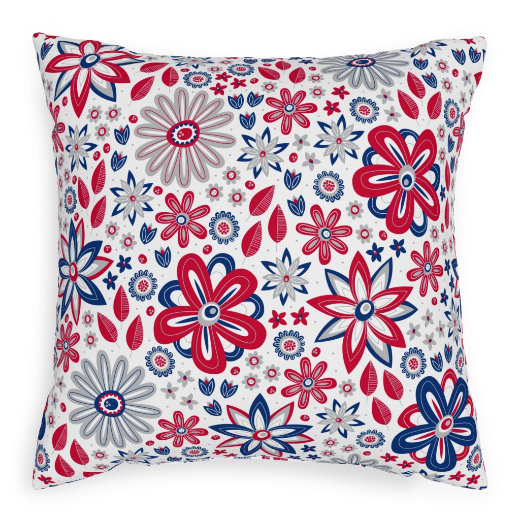 Bohemian Fields - Red, White and Blue Outdoor Pillow, 20x20, Double Sided, Red