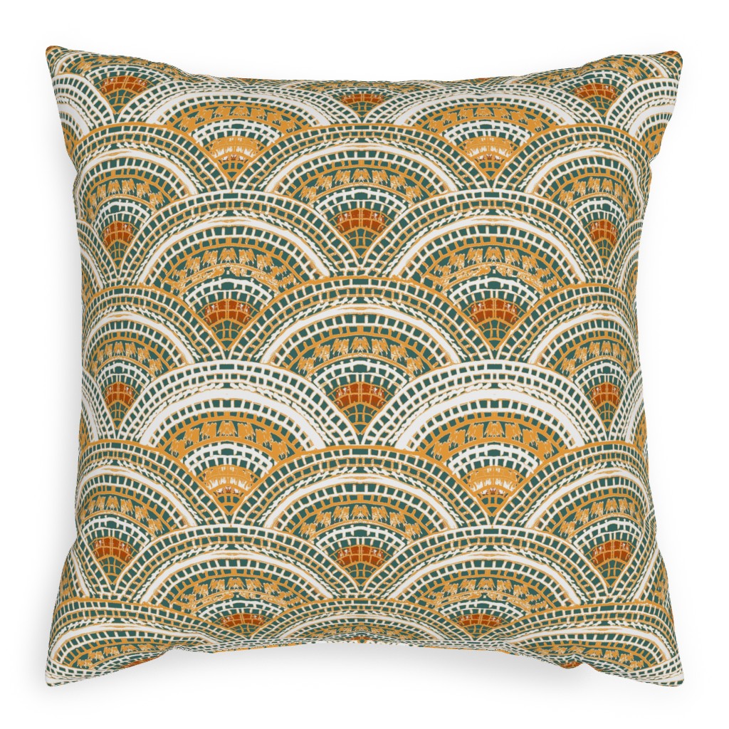 Earthy Fans - Orange Green and Gold Outdoor Pillow, 20x20, Double Sided, Multicolor