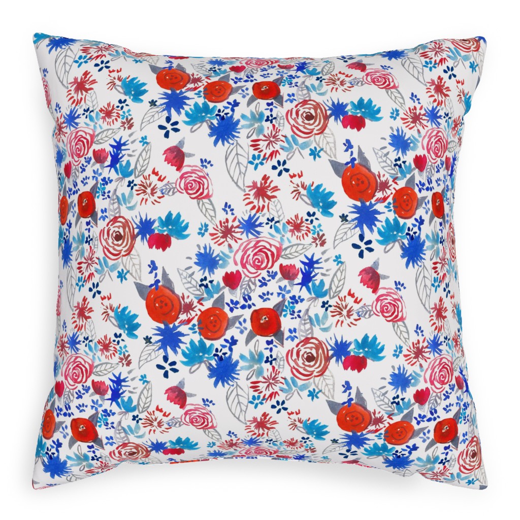 Patriotic Watercolor Floral - Red White and Blue Outdoor Pillow, 20x20, Double Sided, Multicolor