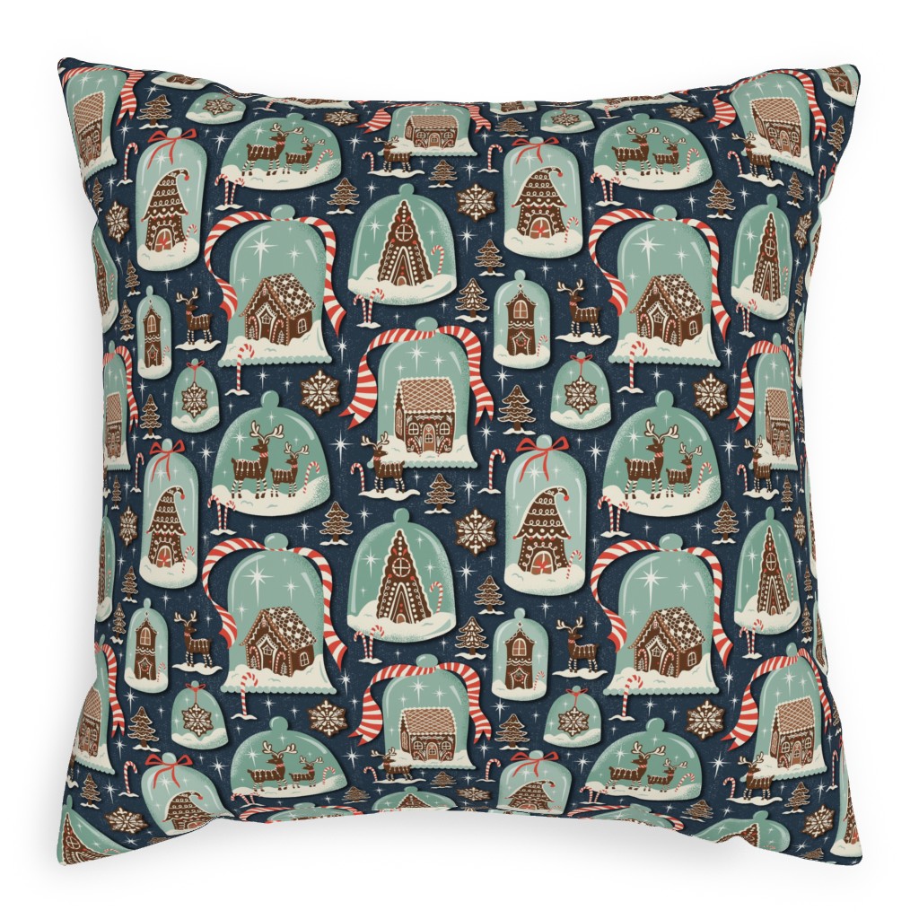 Christmas Gingerbread Village - Blue Outdoor Pillow, 20x20, Double Sided, Multicolor