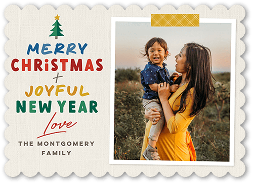 Joyfully Jolly Christmas Card, Beige, 5x7, Christmas, Pearl Shimmer Cardstock, Scallop