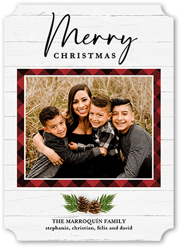 Rustic Pine Plaid Holiday Card, White, 5x7, Christmas, Pearl Shimmer Cardstock, Ticket