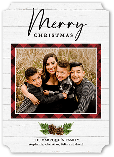 Rustic Pine Plaid Holiday Card, White, 5x7 Flat, Christmas, Pearl Shimmer Cardstock, Ticket