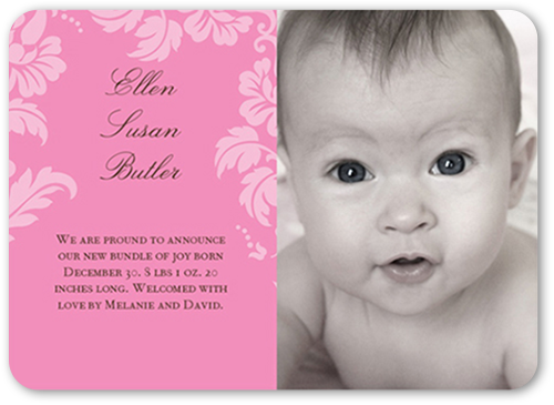 Floret Rose Birth Announcement, Pink, Standard Smooth Cardstock, Rounded