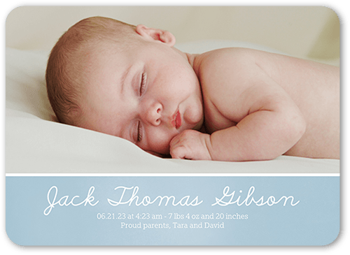 Softly Scripted Birth Announcement, Blue, 5x7 Flat, Pearl Shimmer Cardstock, Rounded