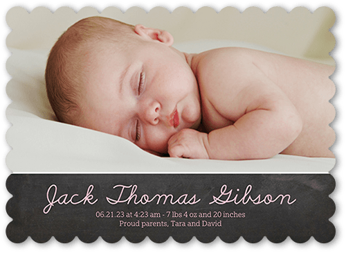 Softly Scripted Birth Announcement, Black, 5x7, Pearl Shimmer Cardstock, Scallop