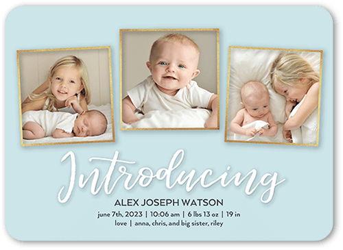 Script Introductions Birth Announcement, Blue, 5x7 Flat, 100% Recycled Cardstock ?, Rounded